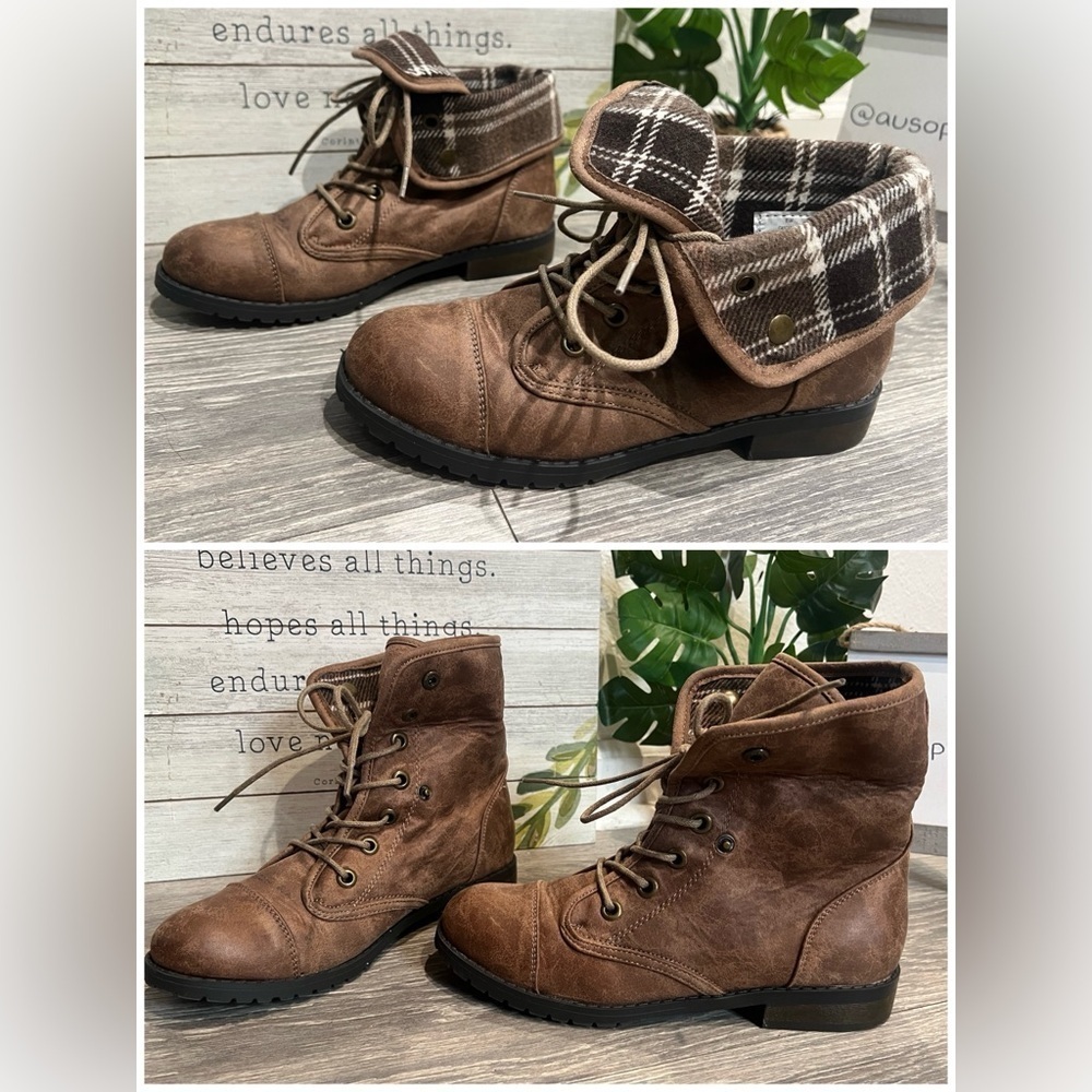 Self Esteem Cascade Brown Plaid Fold Over Combat Moto Lace Up Boots. Size 8.5
